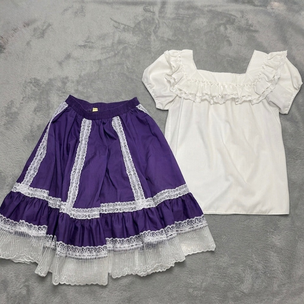 Vtg 70s Malco Modes Purple Prairie Skirt & Peasant Blouse Square Dance Dollycore